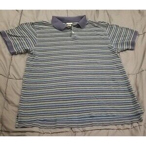 LL Bean Polo Shirt Mens XL Blue Green Striped 100% Cotton Short Sleeve Outdoors